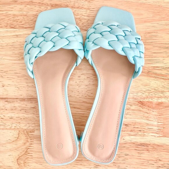 Women's 8.5 (US) Light Blue Braided Vegan Leather Open Square Toe Slide Sandals - Picture 6 of 8